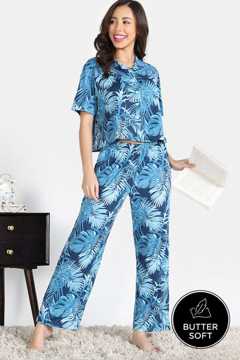 Buy Zivame Indigo Wild Knit Poly Pyjama Set - Moonlight Ocean